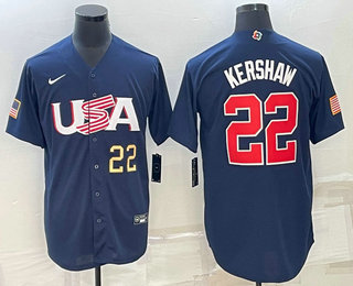 Men’s USA Baseball #22 Clayton Kershaw Number 2023 Navy World Baseball Classic Stitched Jersey