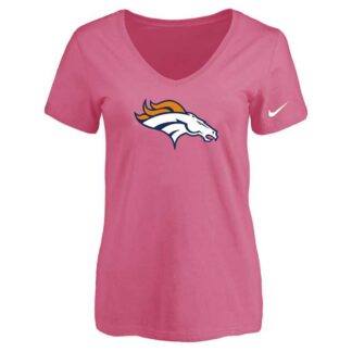 Women's Denver Broncos Pink Logo V neck T-Shirt FengYun