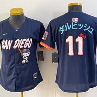 Women's San Diego Padres X Hello Kitty #11 ダルビッシュ Obsidian 2026 City Connect Stadium Stitched Baseball Jersey(Run S...